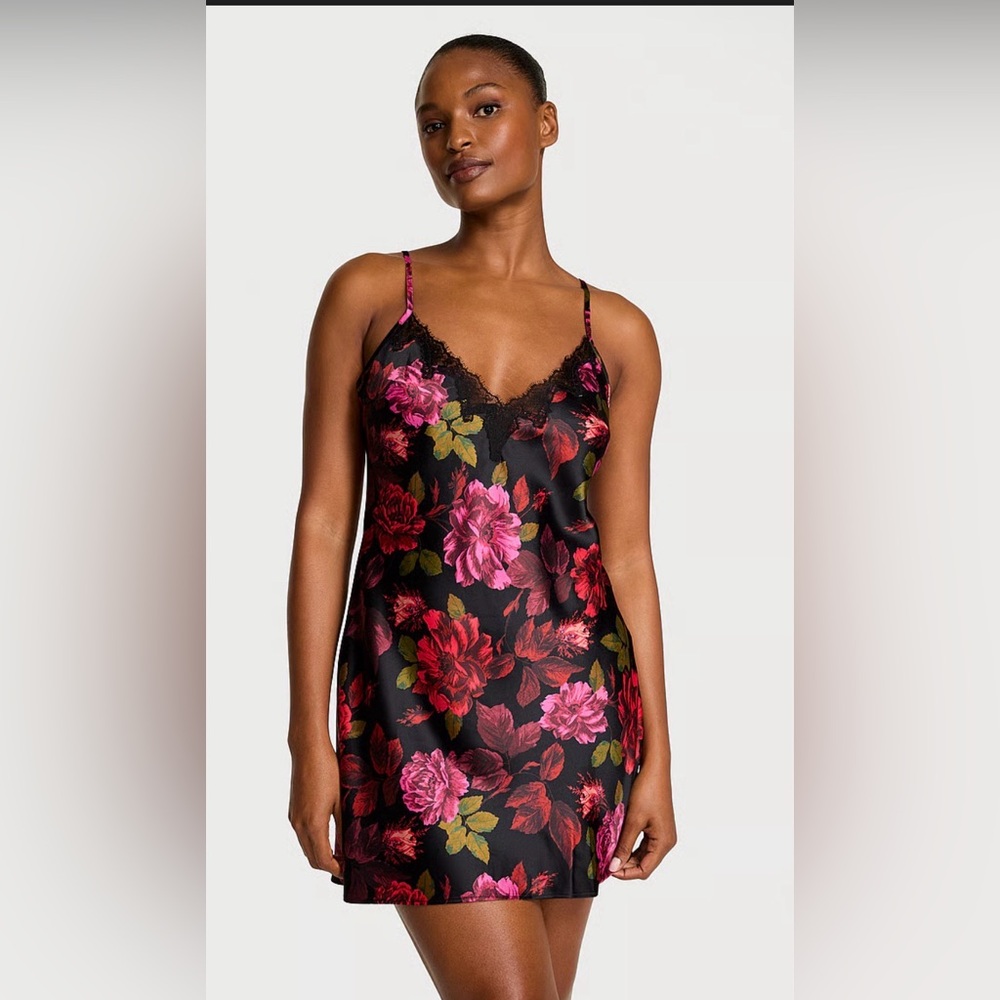 Victoria's Secret Black Slip Dress with Red & Pink Floral